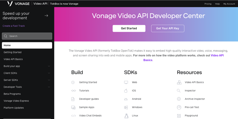 Dashboard view of Video API Developer Center