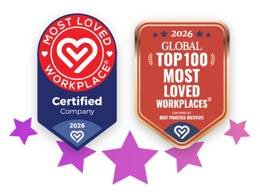 Image of two awards badges showing Vonage as a Most Loved Workplace® Certification from the Best Practice Institute and 2026 Global 100 Most Loved Workplaces® list