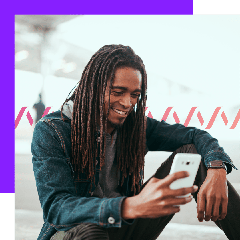 Photoillustration of a man holding a cell phone in his hand and smiling at the screen