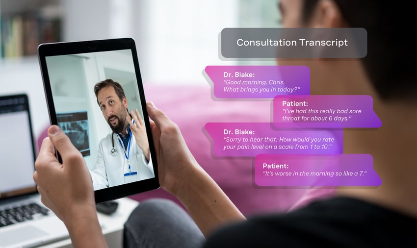 Image of a tablet with a doctor on screen and a consultation transcript with text bubbles on the right