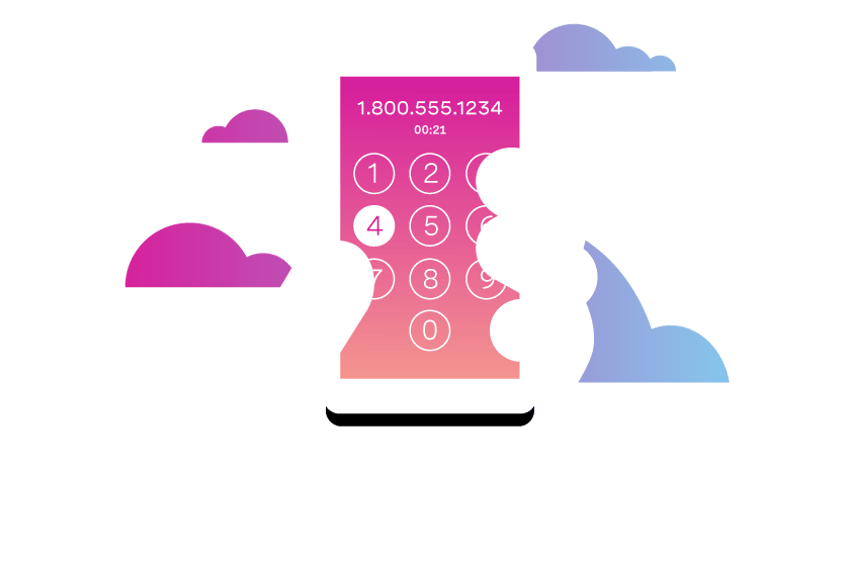 Illustration of a hand holding a cell phone; in the background are clouds representing a cloud-based phone system. On the screen is the business number being dialed.
