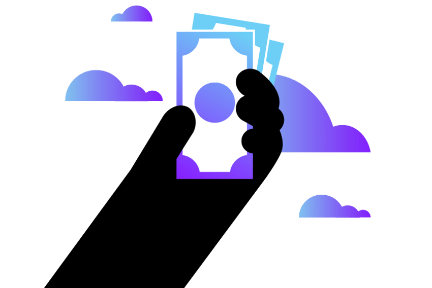 Illustration of an upraised hand holding several pieces of paper money. In the background are several clouds, representing cloud-based phone systems.