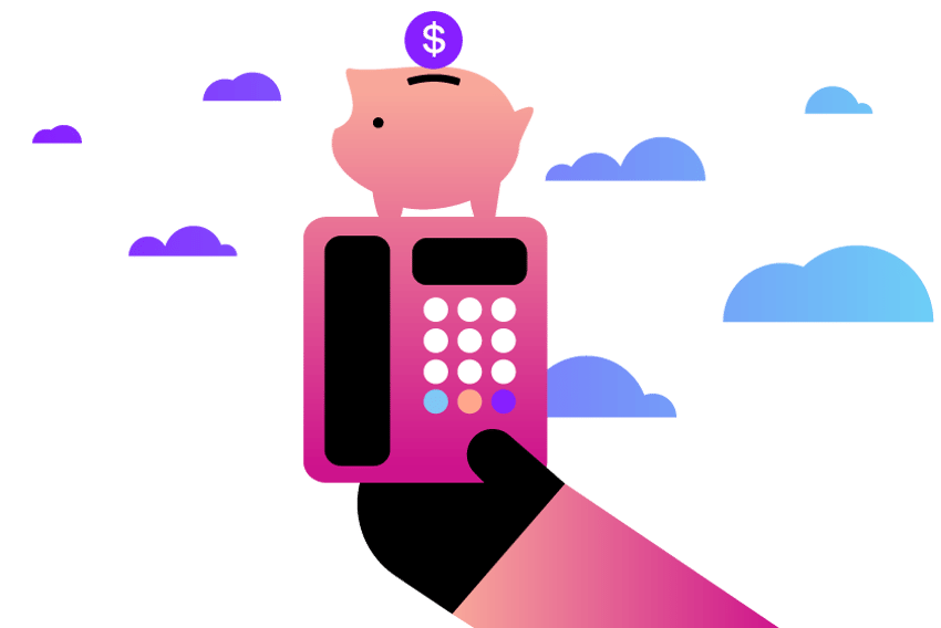 Illustration of a hand holding an office phone. Above the hand is a piggy bank with a money symbol, representing cost savings. Floating around the phone are cloud icons.