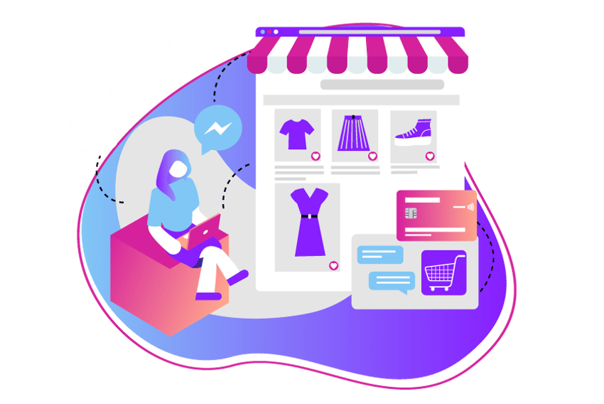 Illustration of a woman shopping on her laptop. Several icons float around her representing the different social media channels she is using to connect with the seller. Beside her is an image showing the clothing she is shopping for online.