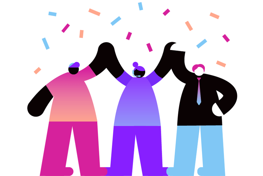 Illustration showing three happy, celebrating people with their hands upraised as confetti falls from above