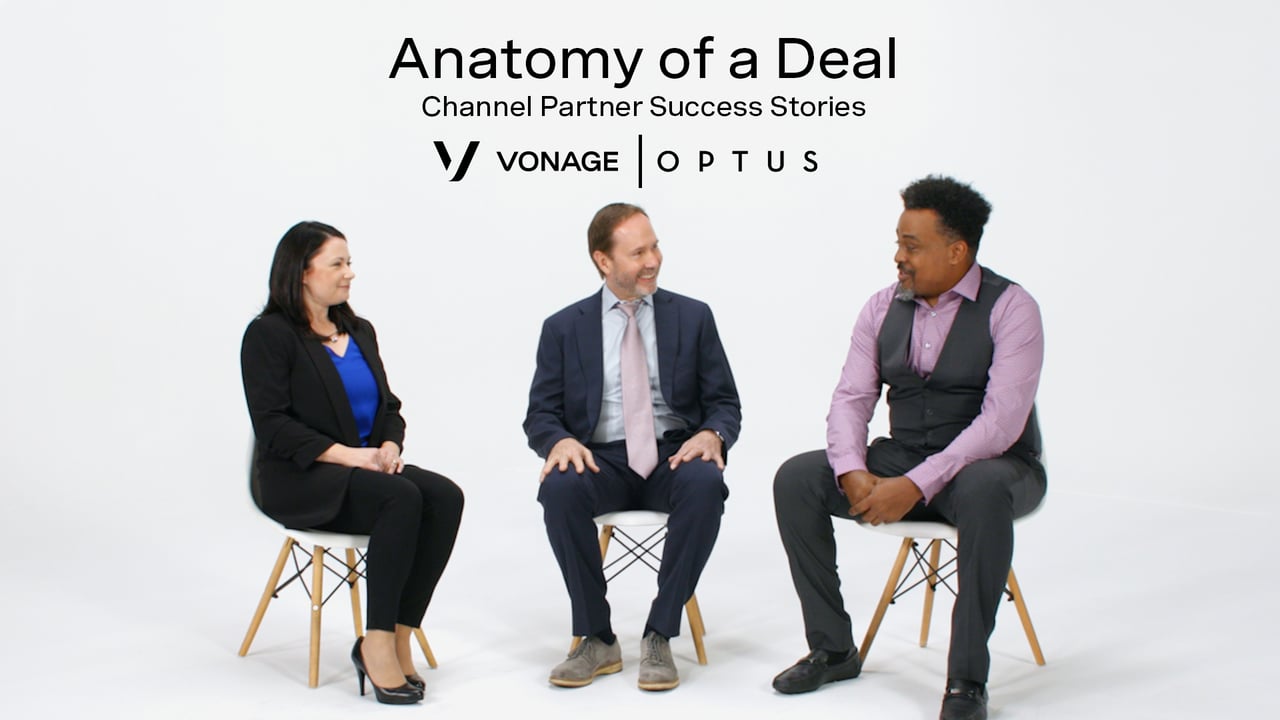 Image of three partners sitting together for a conversation with the title Anatomy of a Deal: Channel Partner: OPTUS