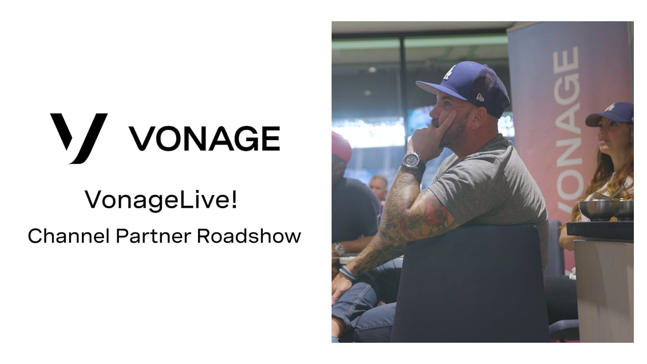 Video frame with the Vonage logo and the words "Vonage Live! Channel Partner Roadshow” and a photo of a man
