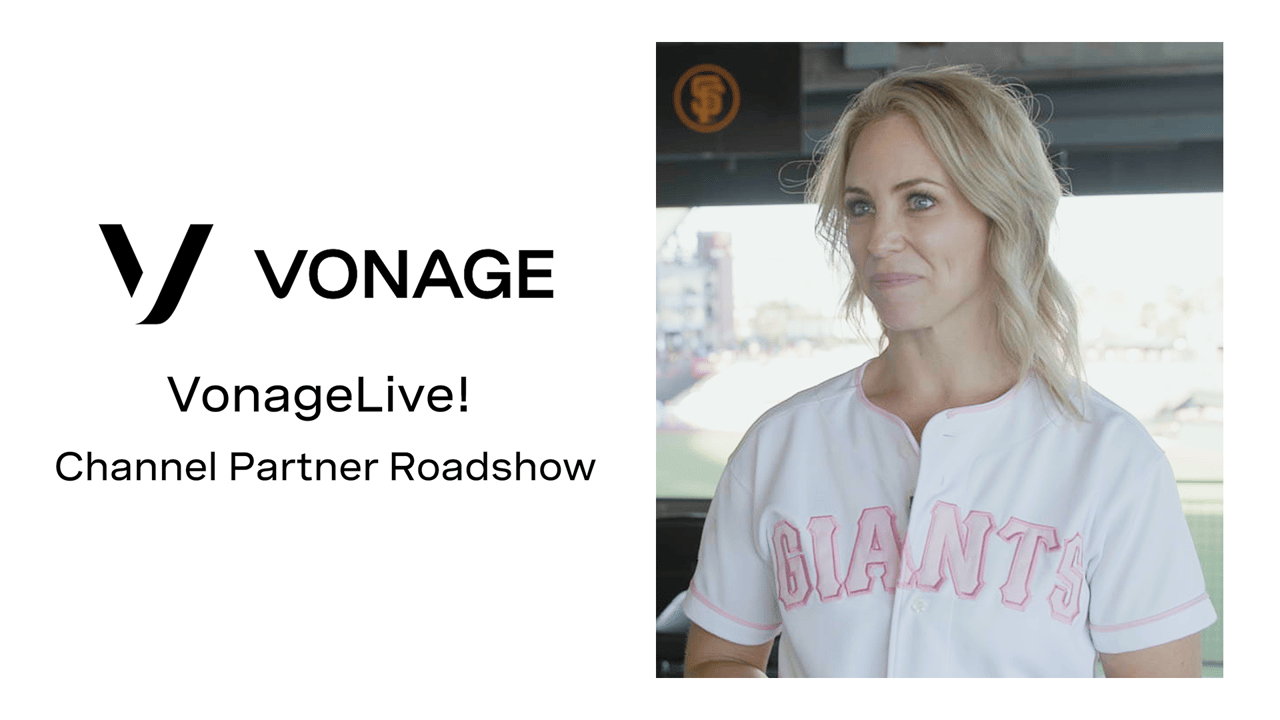 Video frame with the Vonage logo and the words "Vonage Live! Channel Partner Roadshow” and a photo of a woman