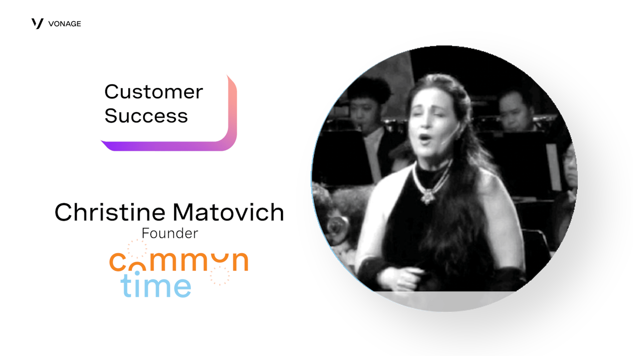 Screenshot of CommonTime customer success video featuring a photo of founder Christine Matovich singing