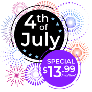 July 4th promo $13.99 illustration of fireworks around 4th of July Sale $13.99 per month per line