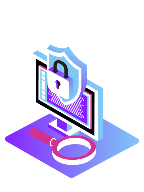 Illustration of a lock and shield guarding a computer monitor with a magnifying glass at its base