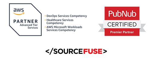 3 logos: AWS Partner, SourceFuse, and PubNub Image of three logos: AWS, AWS Partner Advanced Tier Services: DevOps Services Competency, Healthcare Services Competency, AWS Microsoft Workloads Services Competency. PubNub, Certified Premier Partner. SourceFuse.