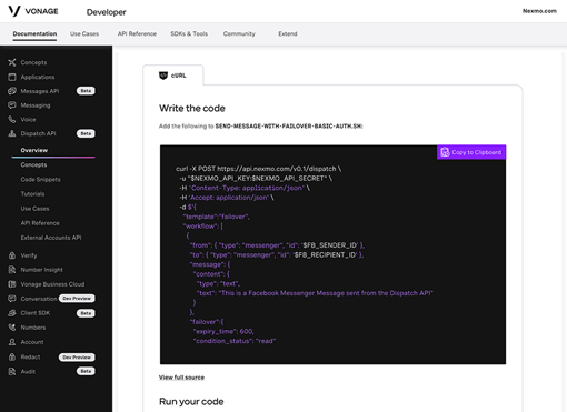 API Developer Center Code View Screen grab of the API Developer Center showing code that can be copied for use.