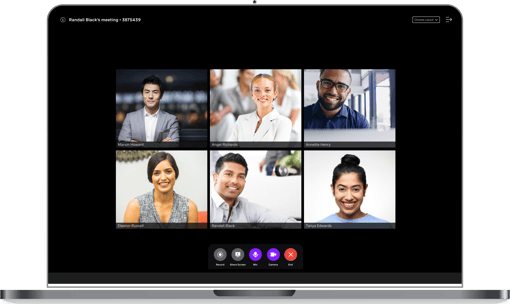 laptop of vonage meetings video conferencing solution with 6 tiles of people on video collaborating laptop of vonage meetings video conferencing solution with 6 tiles of people on video collaborating