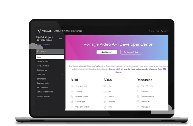 Dashboard view of Video API Developer Center