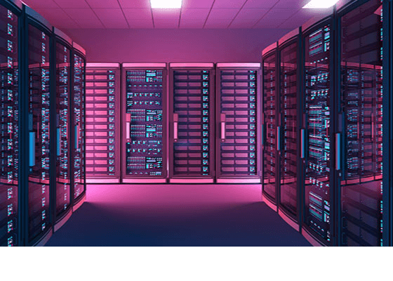 Image of a data center bathed in pink and purple light