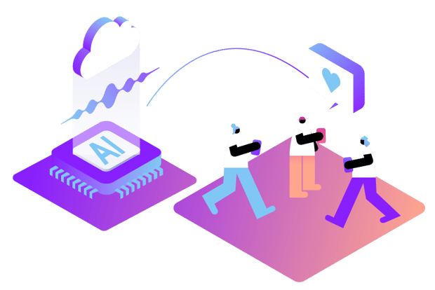 Illustration showing a group of happy customers with their cell phones. Beside them is a cloud and an icon labeled AI, representing AI and customer experience.