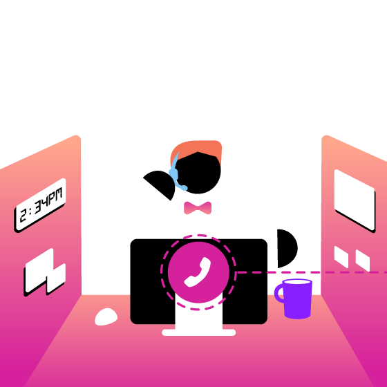 Illustration of a call center agent at work in front of a computer, talking into a headset to a customer. In the foreground is a telephone icon, with an arrow showing the call being transferred to another agent.