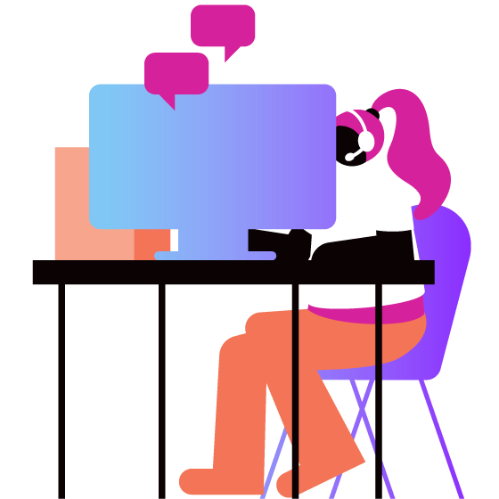 Illustration of a call center agent hard at work talking to customers on the phone and typing notes into a computer. Floating above the monitor are text bubbles representing valuable customer conversations.