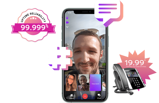 mobile device with vonage meetings smartphone screen showing Vonage meetings, 3 users on video and one other participant, with two illustrated icons overlaid to represent voice and chat