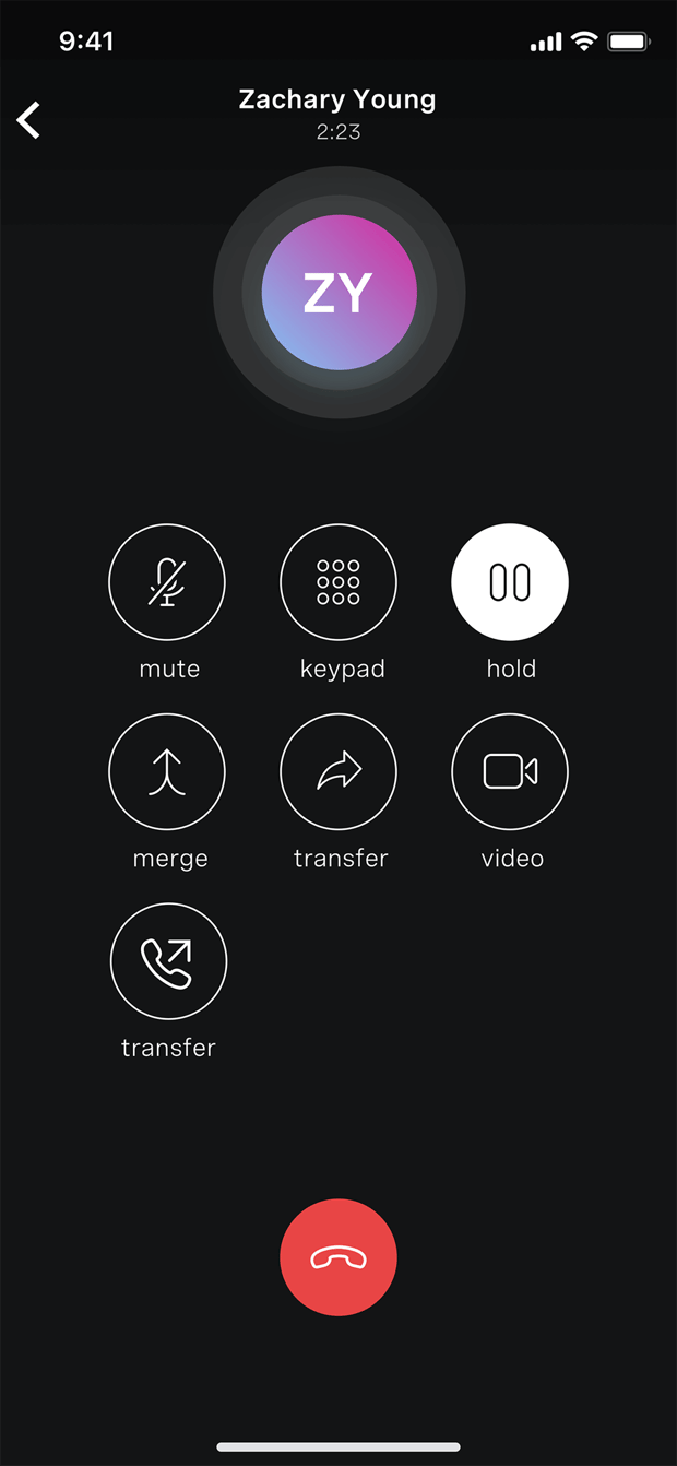 Mobile view of call in Unified Communications product showing options for mute, keypad, hold, merge, transfer to another person, video and transfer to another phone on the same extension. 