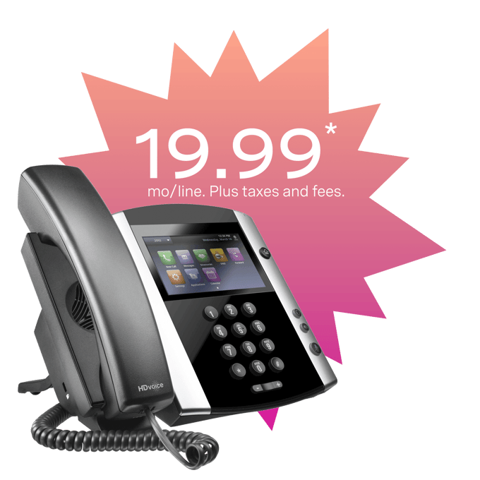 deskphone, with illustrated starburst that says 19.99 /mo/line plus taxes and fees