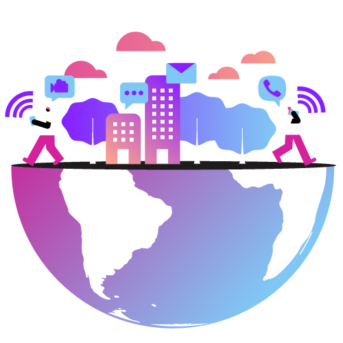 Illustration showing a globe with the top half removed, creating a bowl shape. On the top surface are people and businesses, as well as icons representing phone calls, texts, emails, and other cloud-based communications 