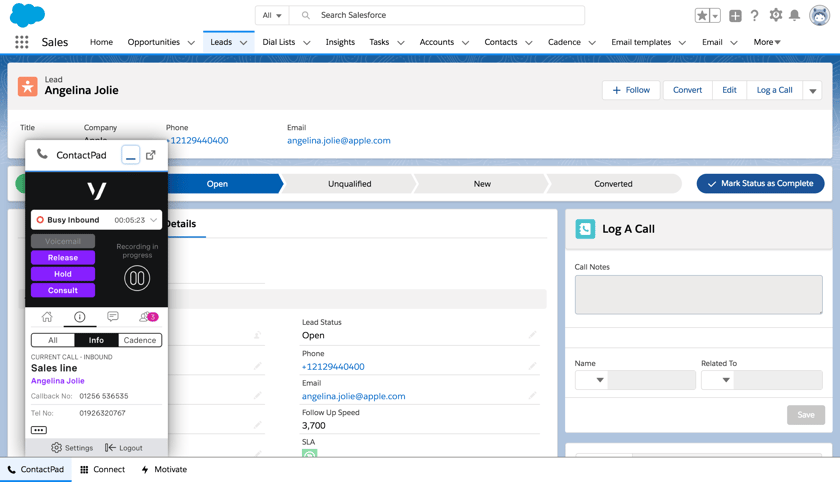 Screen grab of the Contact Pad over the Customer Record in Salesforce.