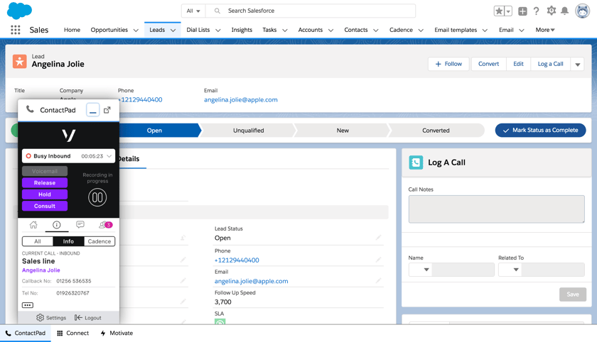Contact Pad over Customer Record in Salesforce Screen grab of the Contact Pad over the Customer Record in Salesforce.