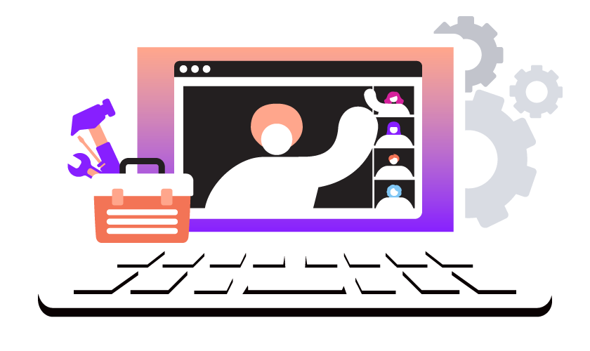 Multiparty Toolkit Blog—Header Image Illustration of computer screen showing multiple people participating in a video meeting; a toolbox sits to the side of the screen