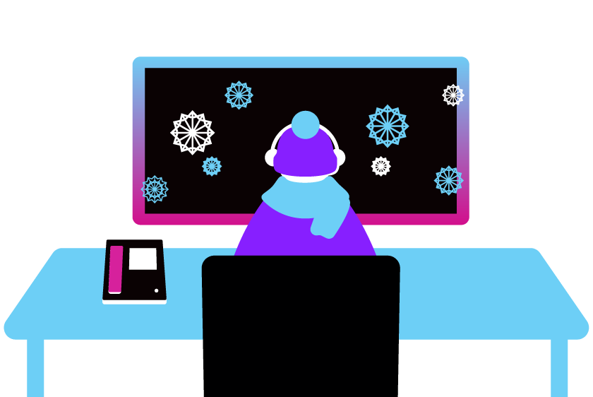 Illustration of a person sitting at a desk whose monitor is sprinkled with snowflakes.
