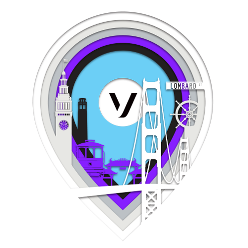 V logo in a navigation map pin with graphics depicting London silhouetted