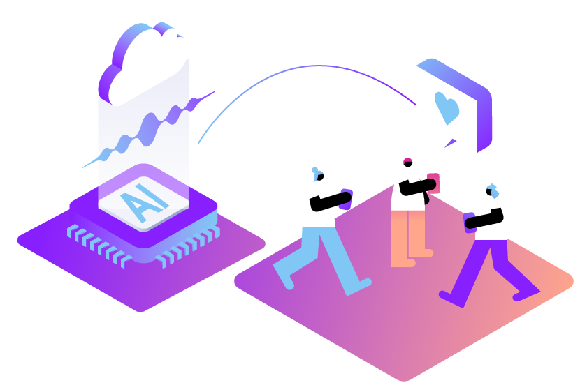 Illustration showing a group of happy customers with their cell phones. Beside them is a cloud and an icon labeled AI, representing AI and customer experience.