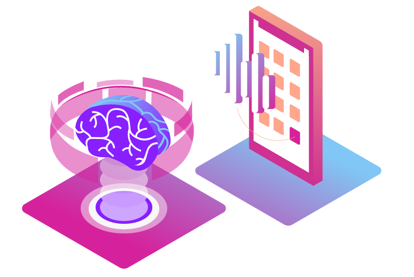 Illustration of a brain, representing AI, and a cell phone, representing the voice channel.