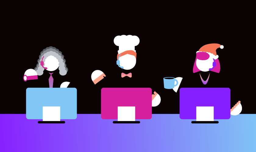 Illustration of contact center personalities, including barrister, chef and Santa