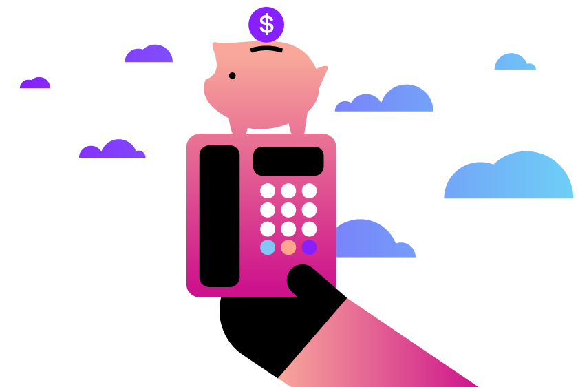 Illustration of a hand holding an office phone. Above the hand is a piggy bank with a money symbol, representing cost savings. Floating around the phone are cloud icons.