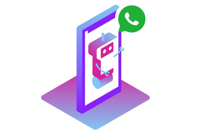 Image of a mobile phone screen with a chatbot on it and a WhatsApp icon