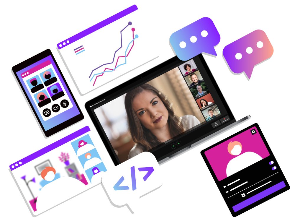 Graphic showing meetings api, screen blur, welcome screen and whiteboarding