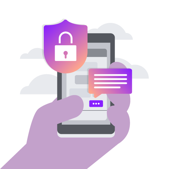Illustration of a hand holding a cell phone. Two icons float in front of the screen representing text messages and security.