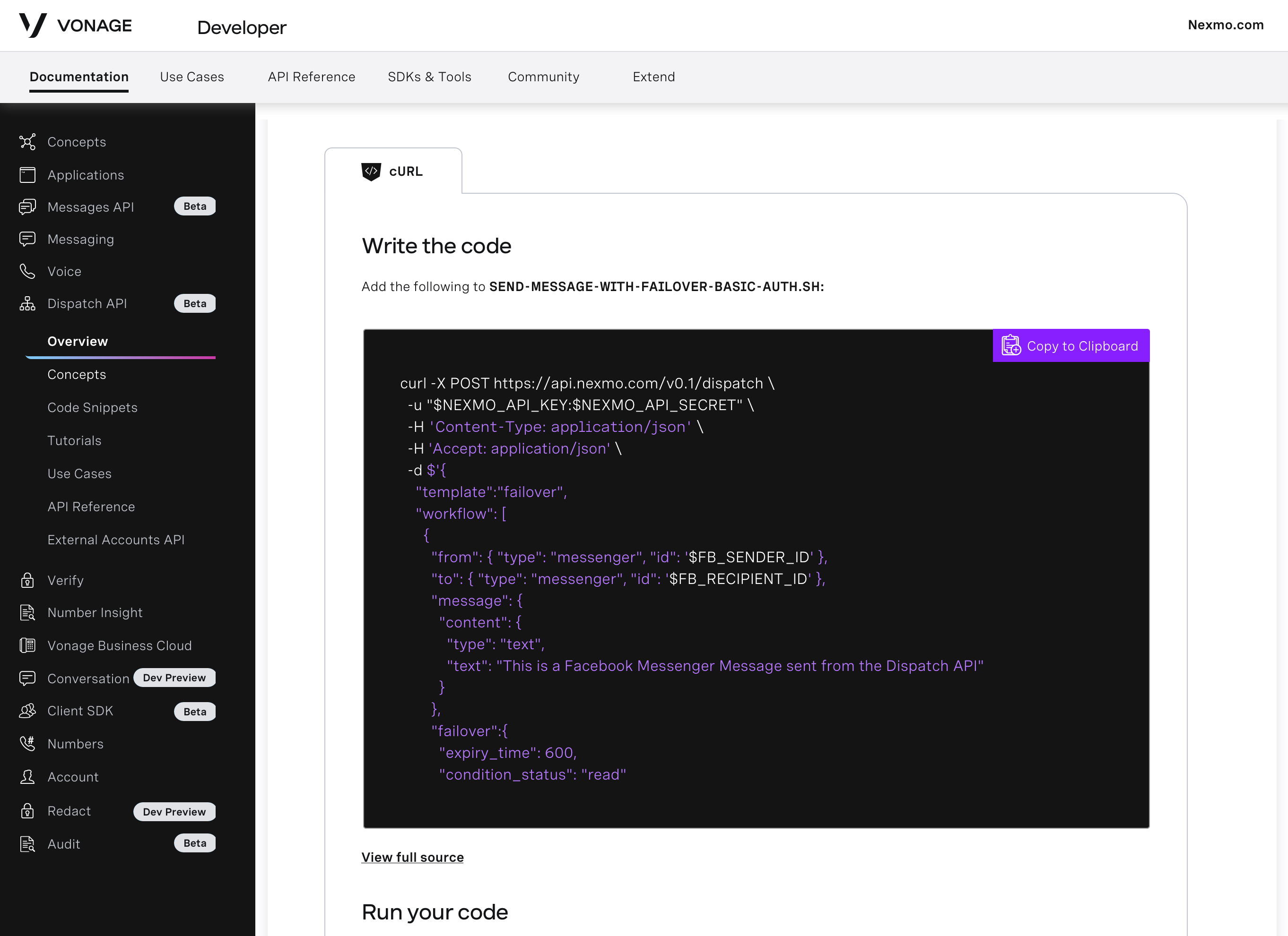 API Developer Center Code View Screen grab of the API Developer Center showing code that can be copied for use.