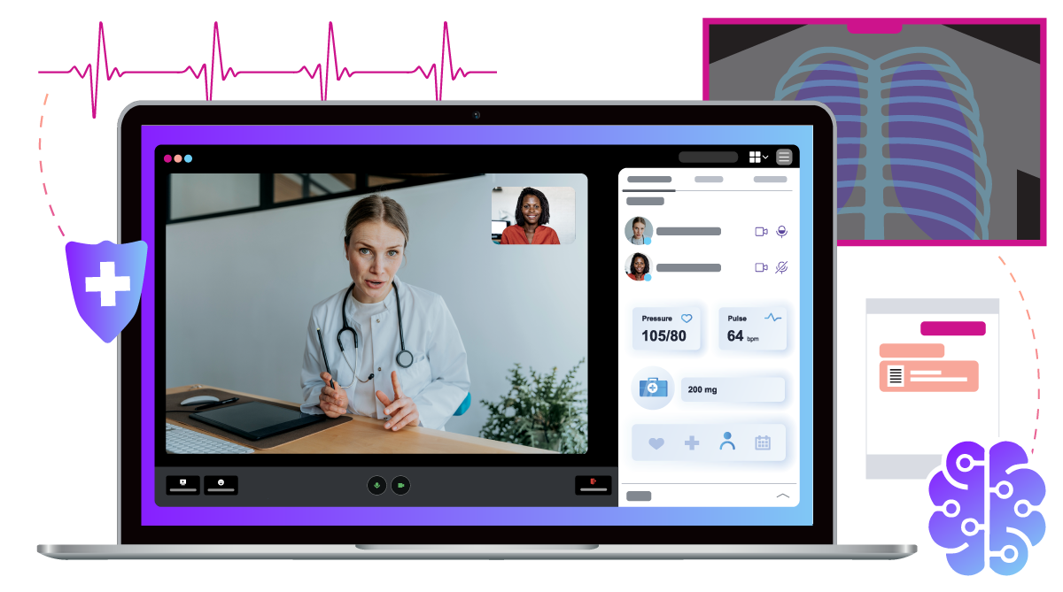 Healthcare Video Laptop AI Video API interface on laptop showcasing a doctor with supporting AI imagery surrounding it