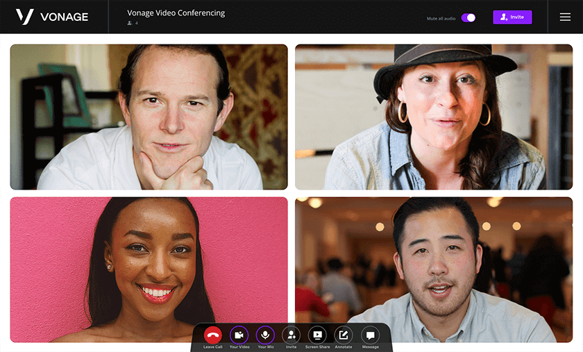 Call controls Vonage video conferencing interface with other people on screen