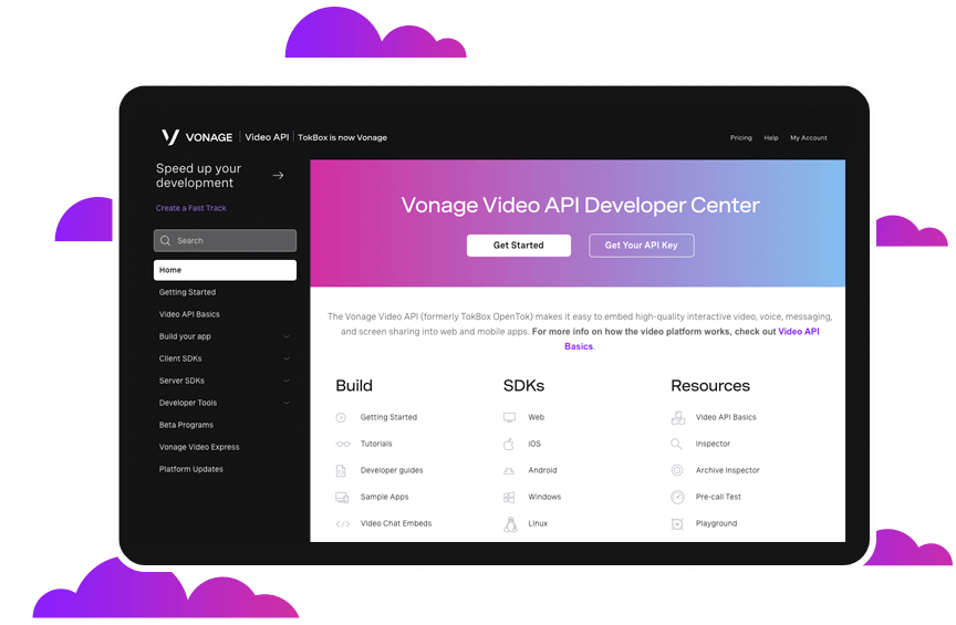 Dashboard view of Video API Developer Center