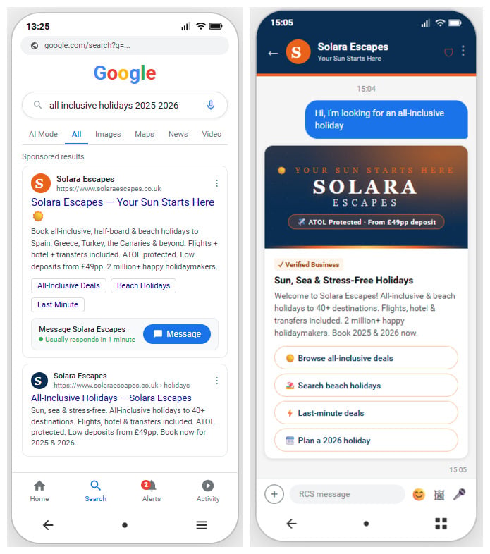  Example of Ad and RCS message for Solara Escapes