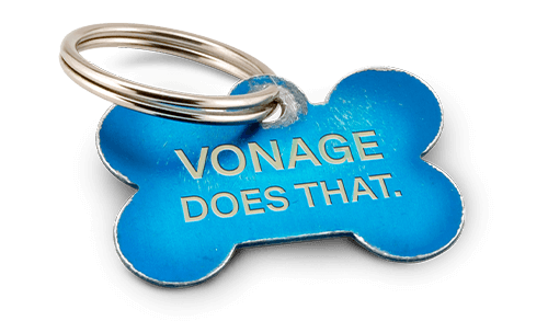 blue dog tag that says Vonage Does That