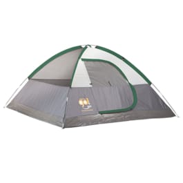 4-Person Dome Tent Grey 4 person dome tent with forest green trimming on the outside