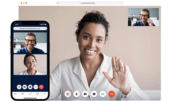 Flexperto Imagery Montage of video conference on mobile device and browser screen