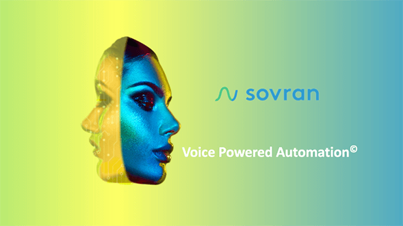 Image of two-faced woman speaking the words Voice Powered Automation