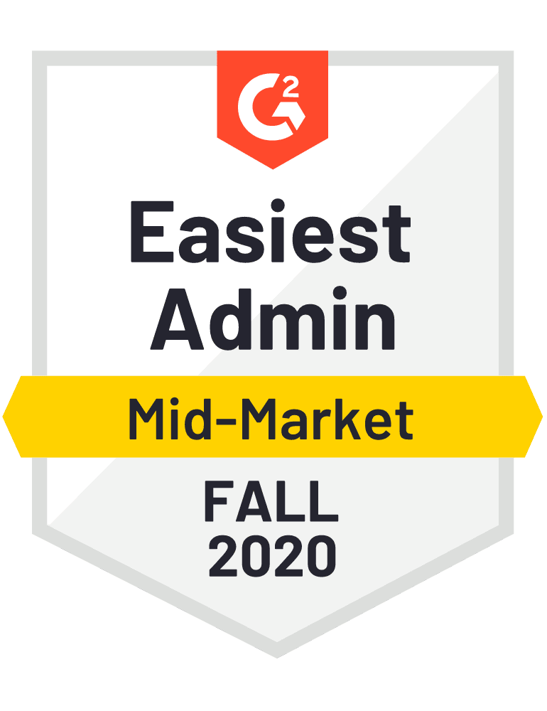 G2 Easiest Admin Mid-Market Fall 2020 G2 Easiest Admin Mid-Market Fall 2020 badge