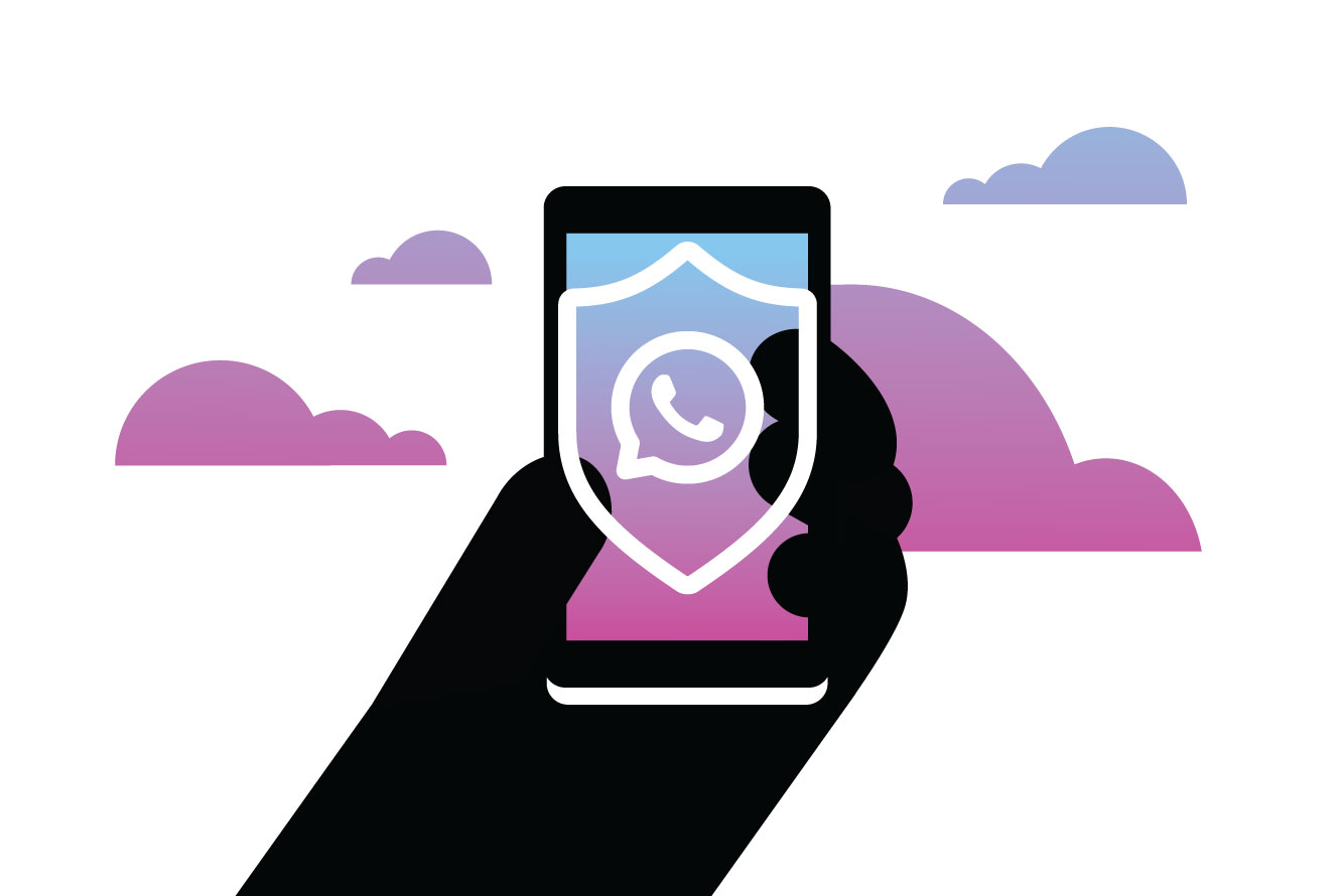 WhatsApp 2FA Hand holing up a mobile device with the WhatsApp logo inside a shield